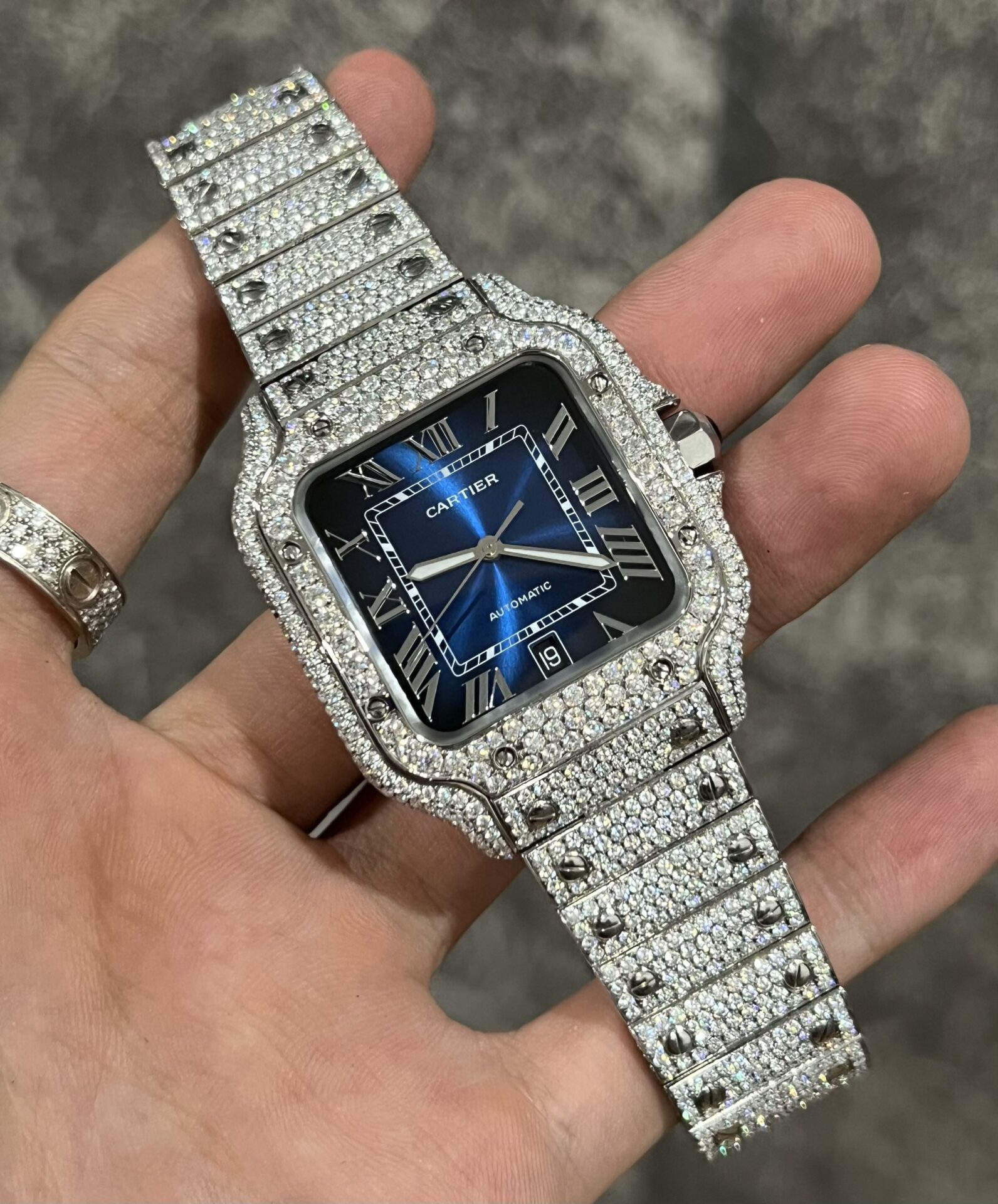 Cartier Santos Best Replica Watch Custom Moissanite Diamonds Blue Dial 39.8mm - Soul Replicas