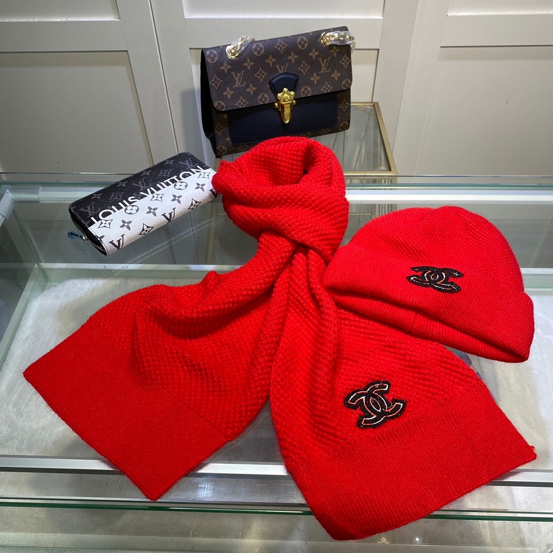 Chanel Beanie & Scarf Set In Red - Soul Replicas