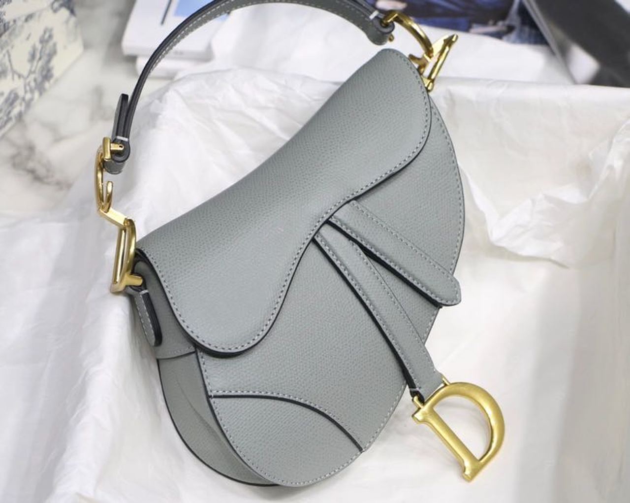 Christian Dior Saddle Bag Light Blue Grained Gold Toned Hardware Canvas For Women 19.5cm/7.6in CD - Soul Replicas