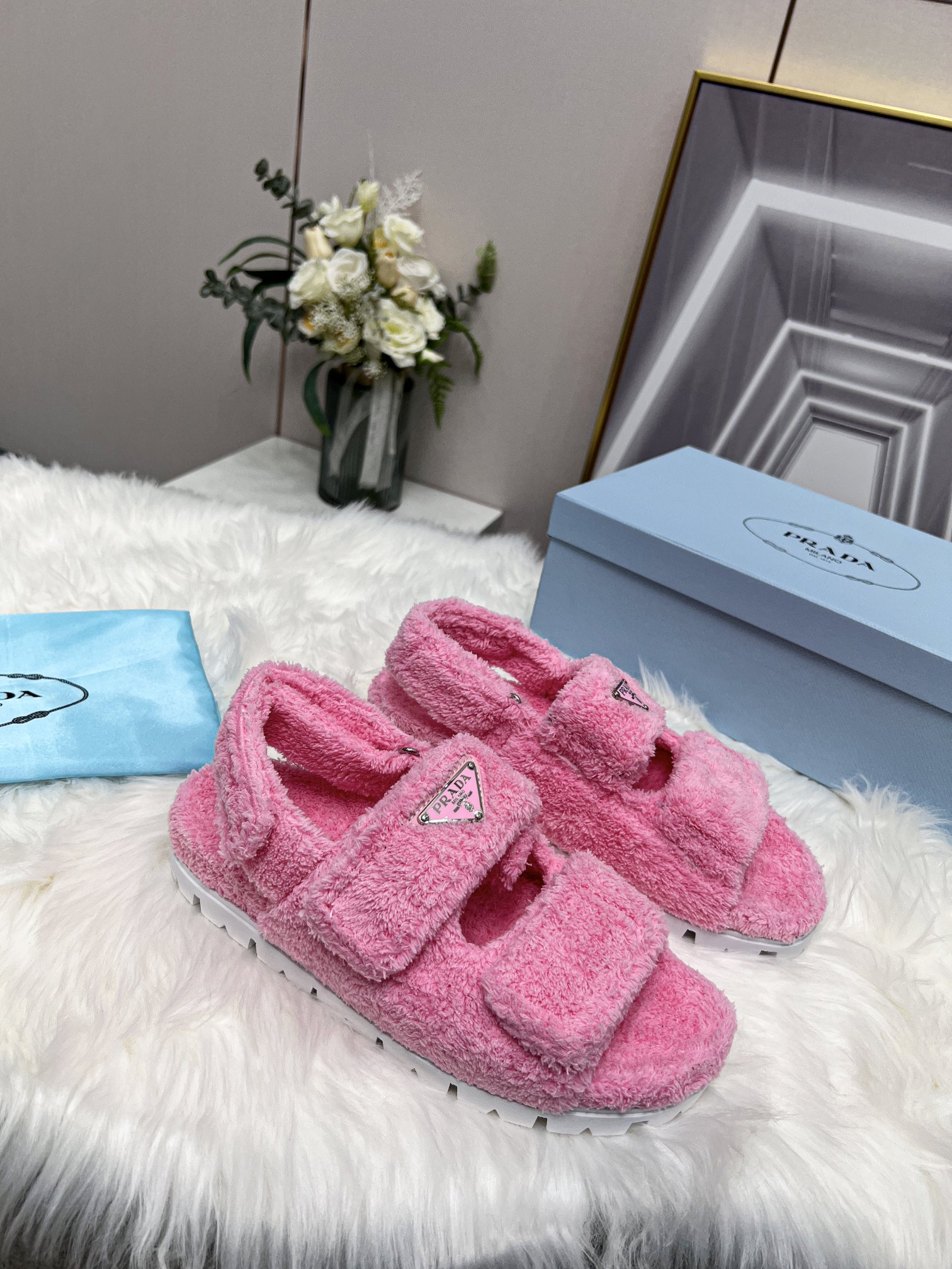 Prada Terrycloth Sandals Pink For Women 0.8in/20mm Prada 1X737M_H39_F0442_F_D020 - Soul Replicas