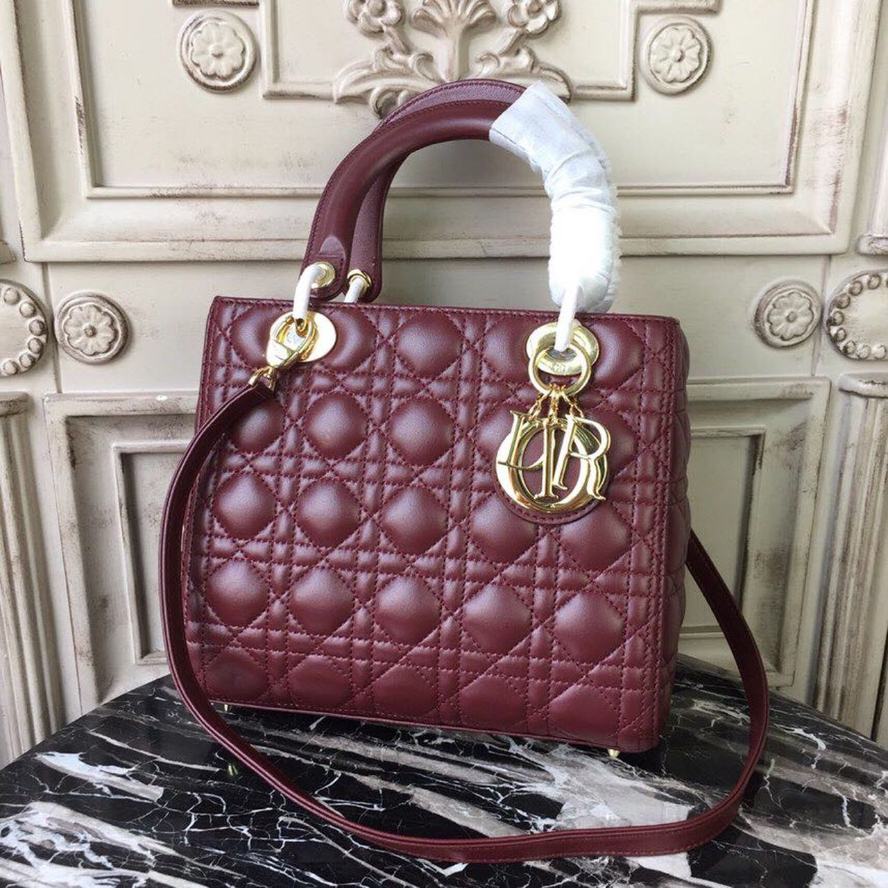 Christian Dior Medium Lady Dior Bag Gold Toned Hardware Burgundy For Women 24cm/9in CD - Soul Replicas