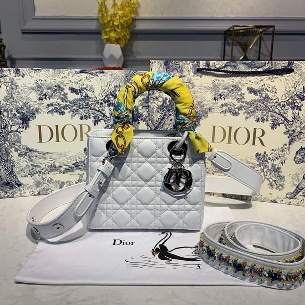 Christian Dior Small Lady Dior Bag Silver Hardware with Embellished Bag Strap White For Women 8in/20cm CD - Soul Replicas