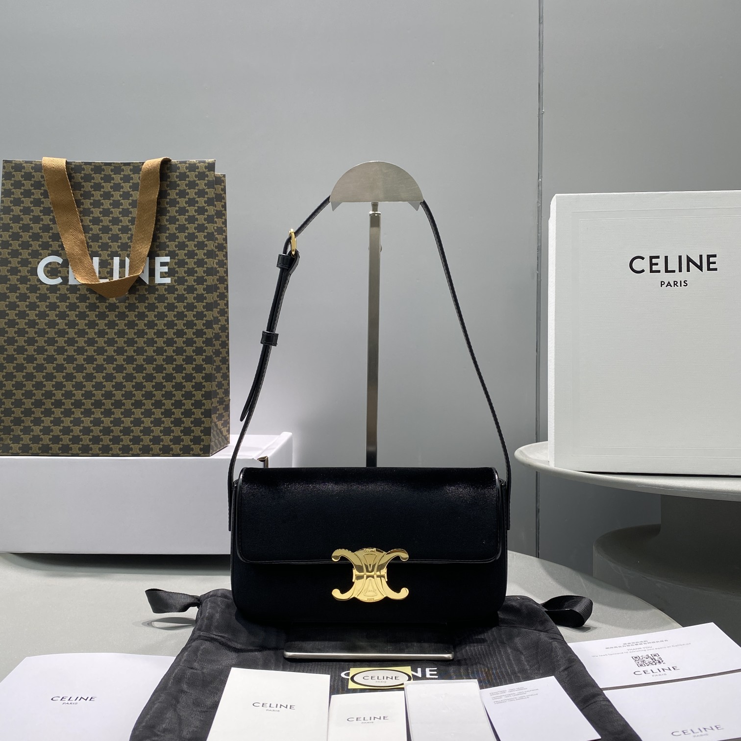 Celine Triomphe Shoulder Bag Black For Women 8in/20cm  - Soul Replicas
