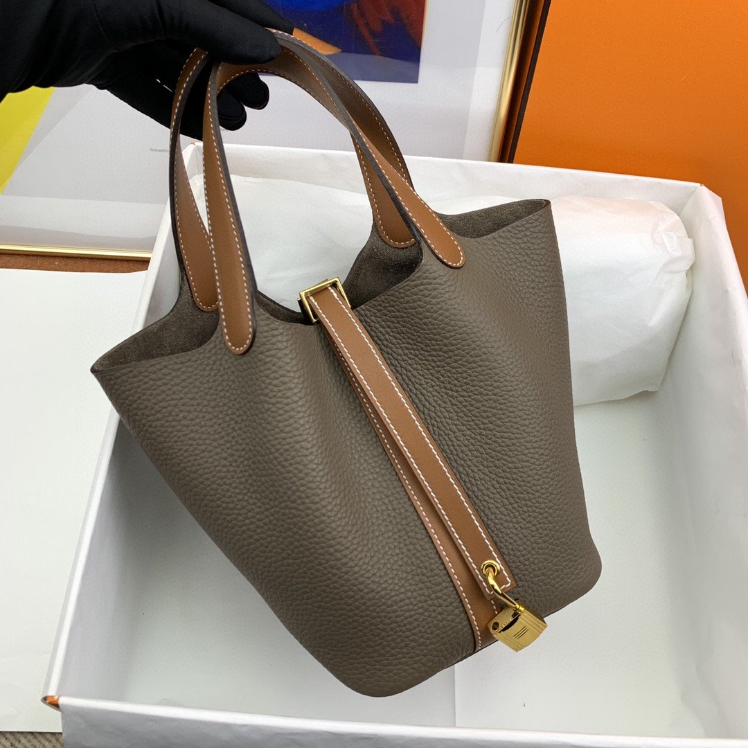 Hermes Picotin Lock 18 Bag Etoupe/Brown With Gold-Toned Hardware For Women. Women-s Handbags 7.1in/18cm - Soul Replicas