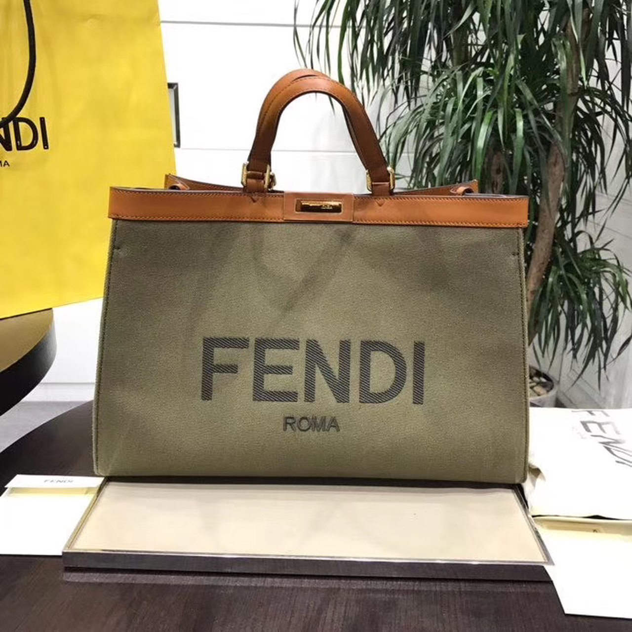 Fendi Peekaboo X-Tote Canvas Bag Khaki For Women. Women-s Handbags. Shoulder Bags 16.1in/41cm FF 8BH374 - Soul Replicas