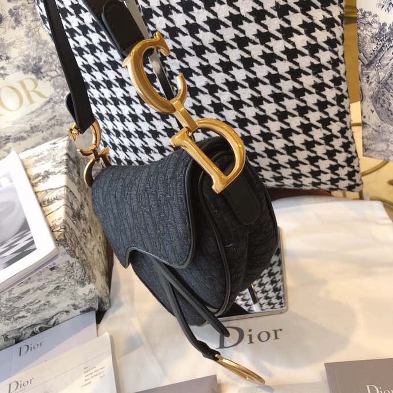 Christian Dior Saddle Bag Black Oblique Embroidered Canvas Gold Toned Hardware For Women 25cm/10in CD - Soul Replicas