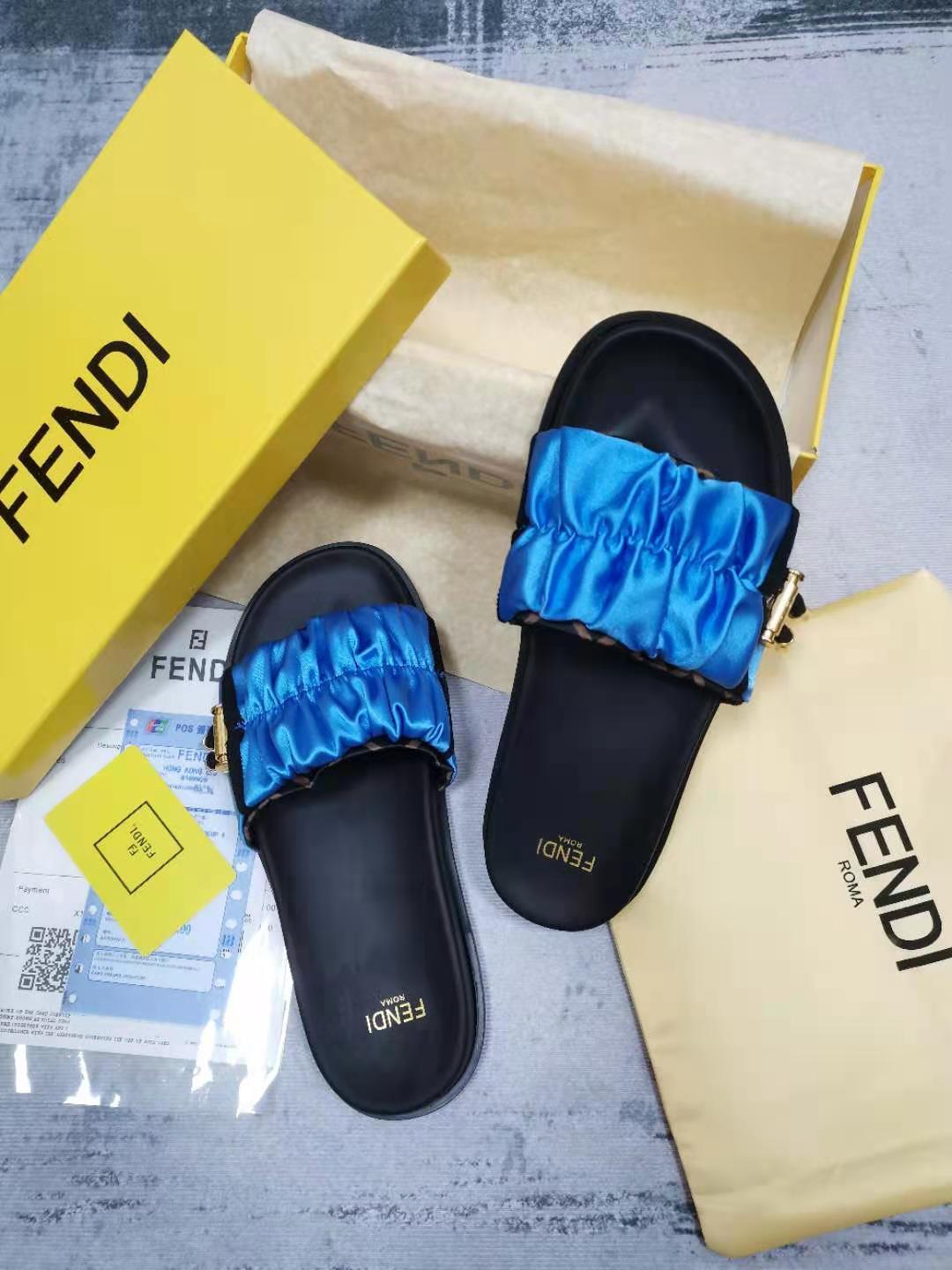 Fendi Feel Blue Satin Slides For Women - Soul Replicas