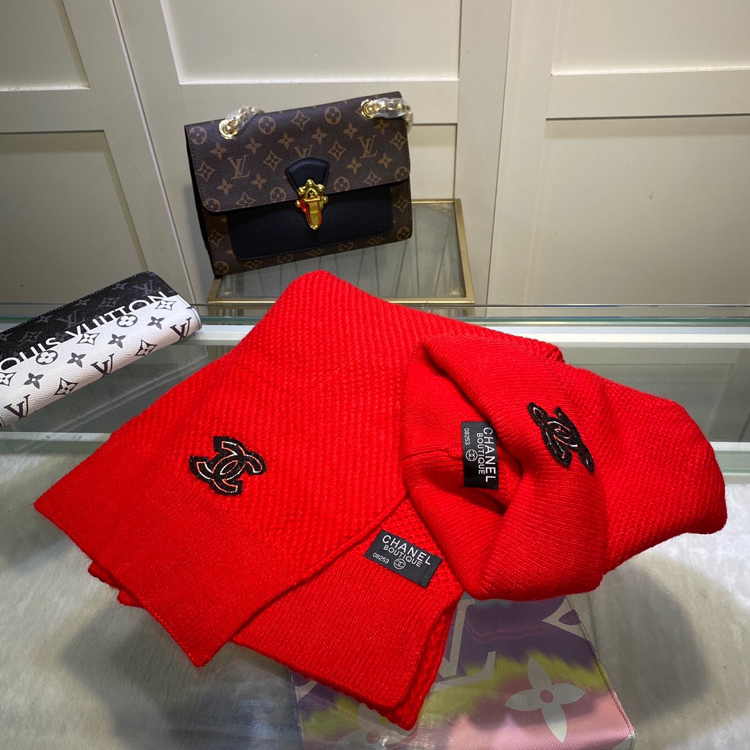 Chanel Beanie & Scarf Set In Red - Soul Replicas