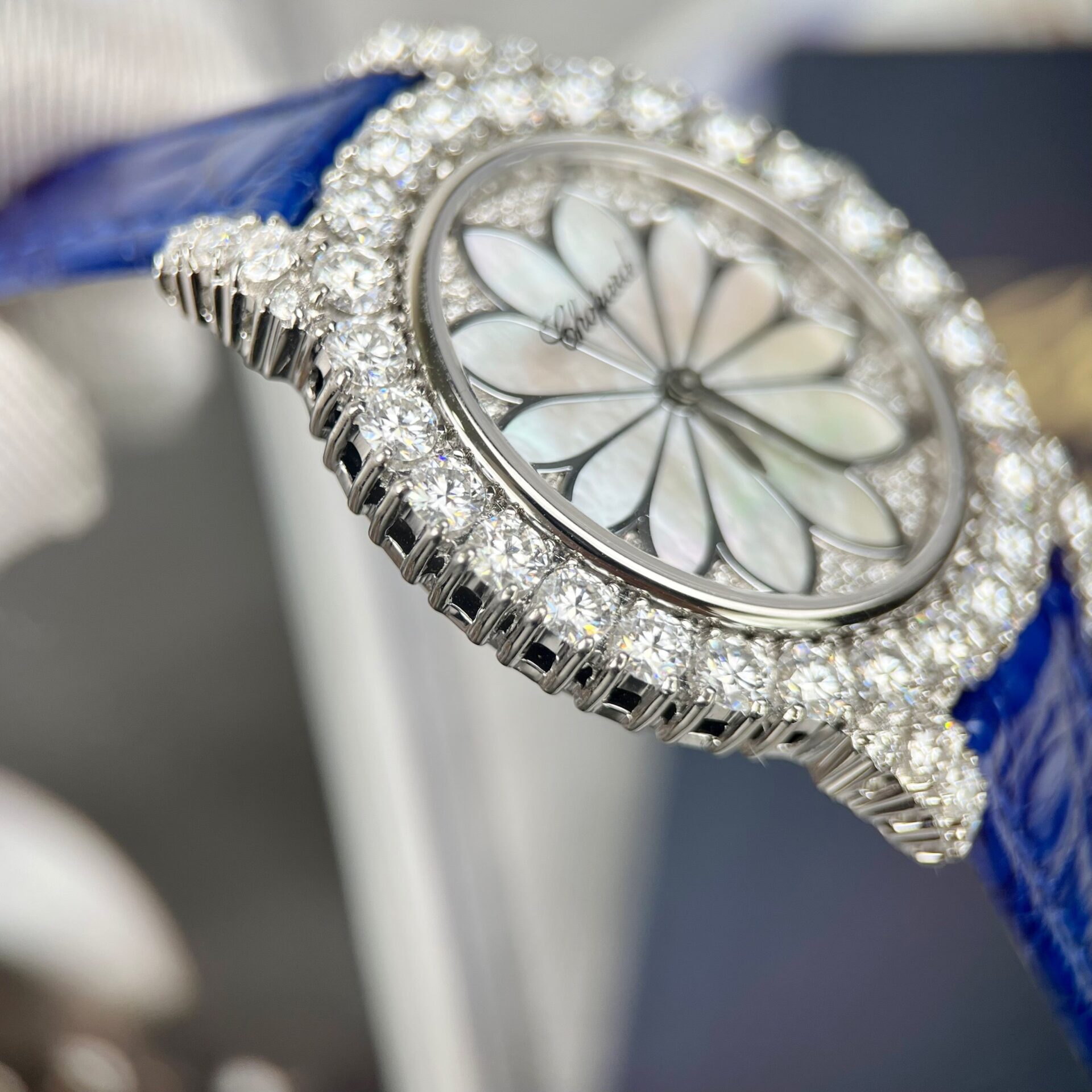 Chopard Women-s Replica Watch Full Diamond Moissanite Blue 34mm - Soul Replicas