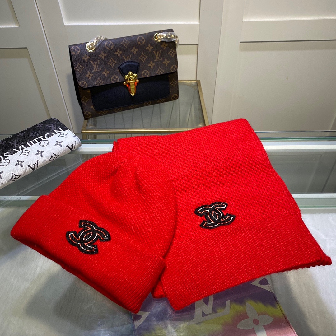 Chanel Beanie & Scarf Set In Red - Soul Replicas