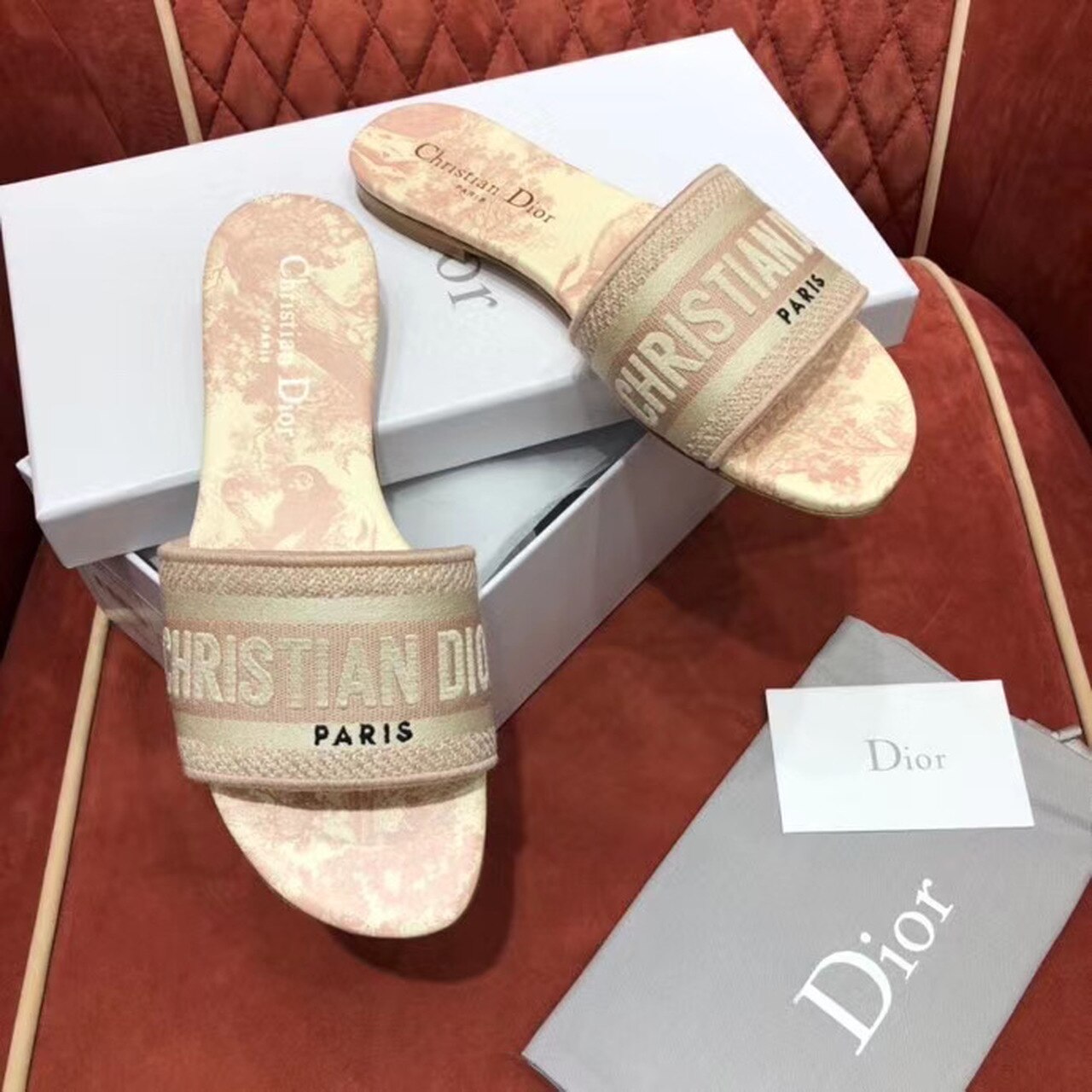 Christian Dior Dway Slide Embroidered Cotton Pink For Women CD - Soul Replicas