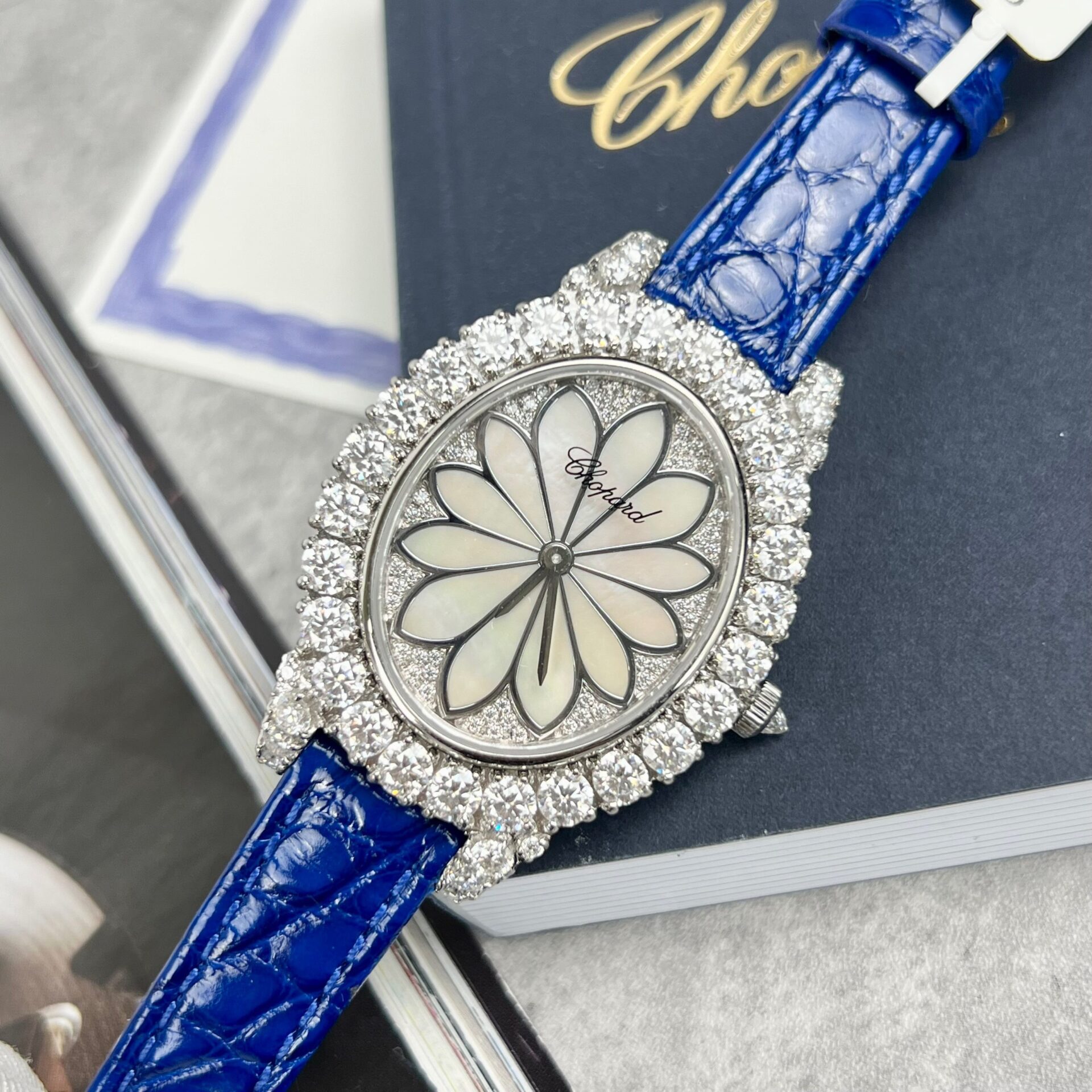 Chopard Women-s Replica Watch Full Diamond Moissanite Blue 34mm - Soul Replicas