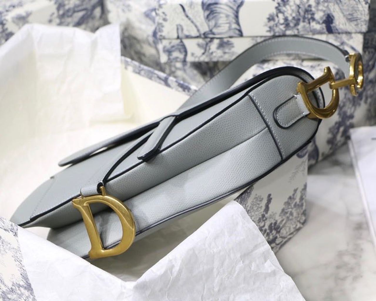 Christian Dior Saddle Bag Light Blue Grained Gold Toned Hardware For Women 25cm/10in CD - Soul Replicas