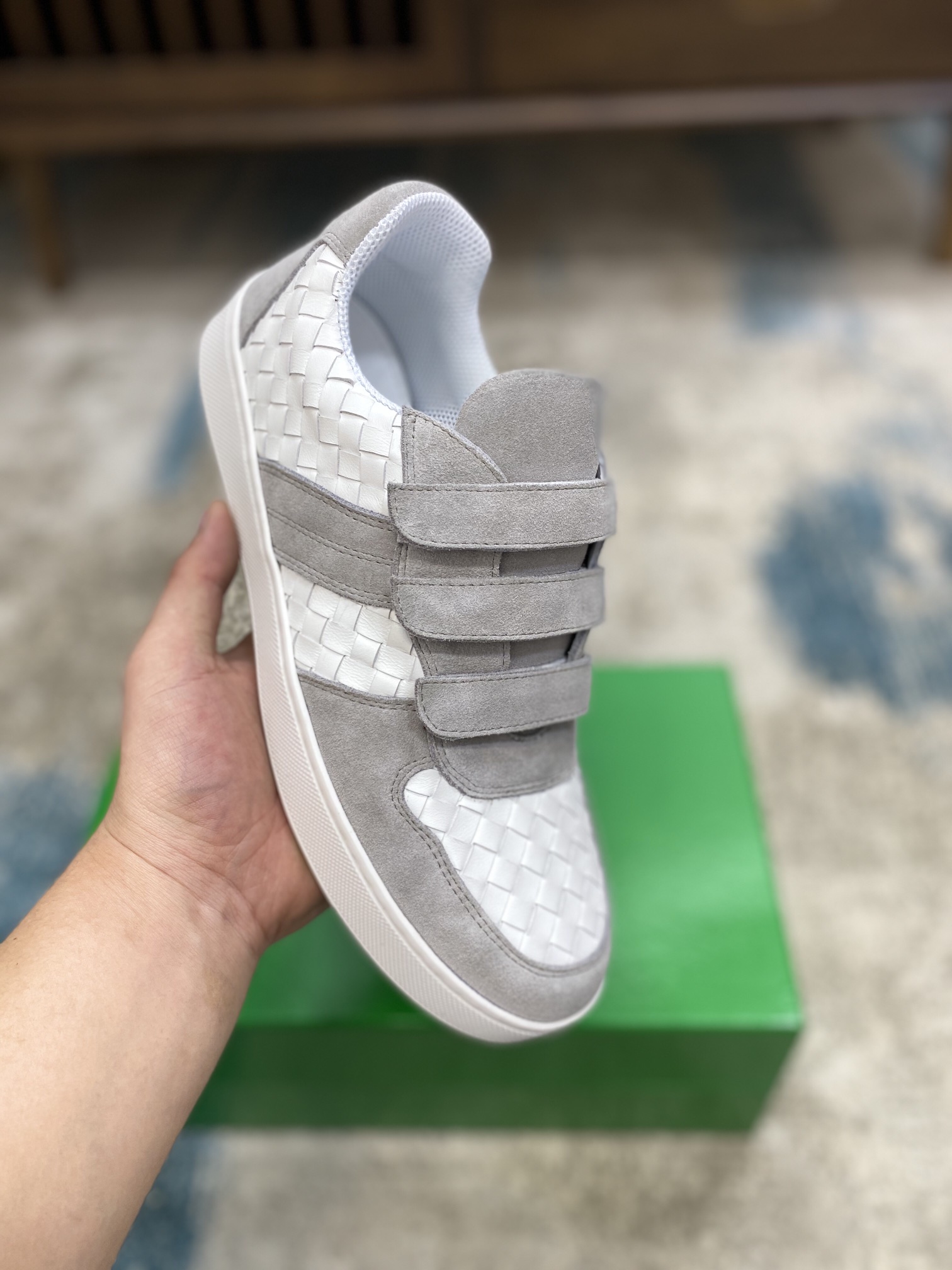 Bottega Veneta Men's Three Closure Straps With Wave Line Sneakers White And Gray For Men - Soul Replicas