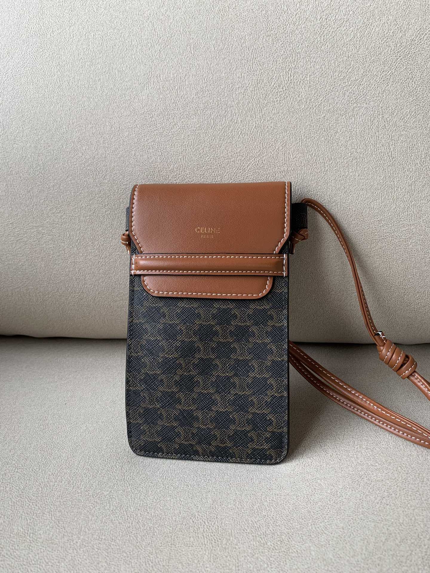 Celine Phone Pouch With Flap In Triomphe Canvas And Lambskin Tan For Women 7in/18cm 10G332CQD.04LU - Soul Replicas