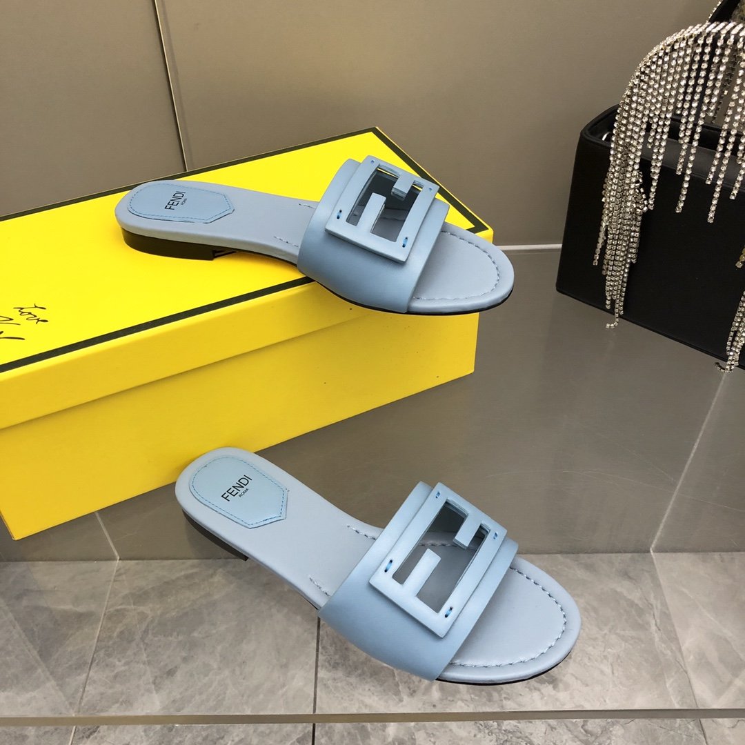 Fendi Signature Light Blue Slides For Women 8R8136AE7TF18TF - Soul Replicas