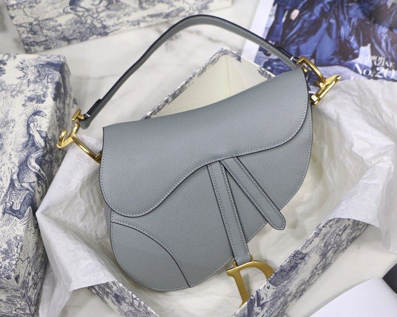 Christian Dior Saddle Bag Light Blue Grained Gold Toned Hardware For Women 25cm/10in CD - Soul Replicas