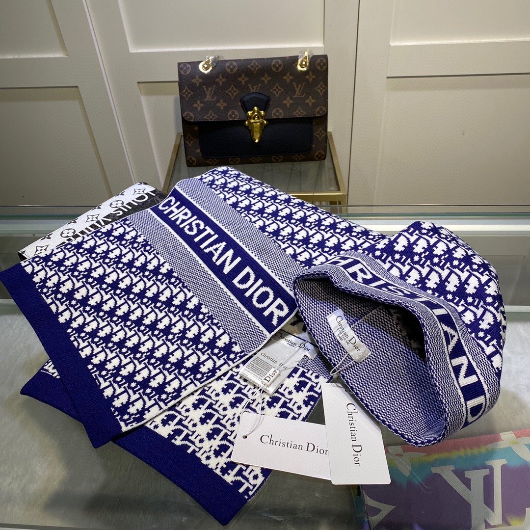 Dior Pompom Beanie & Scarf Set In Blue - Soul Replicas