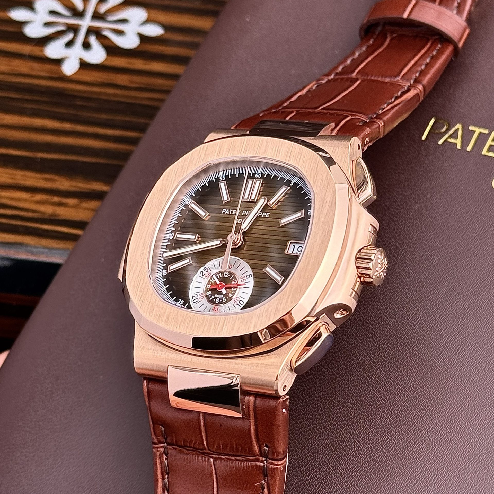 Patek Philippe Replica Watch Nautilus 5980 Brown Dial Leather Strap 40mm - Soul Replicas
