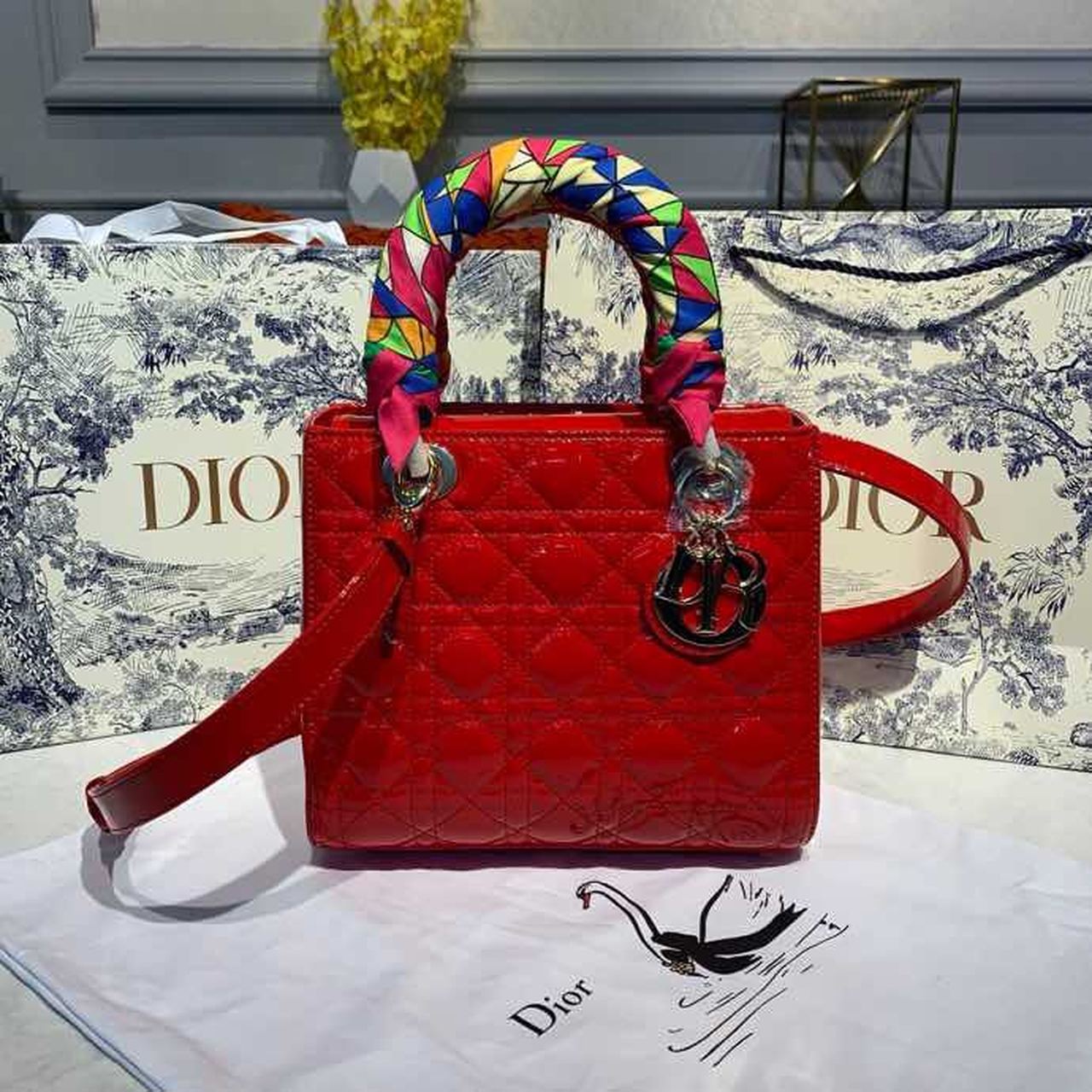 Christian Dior Medium Lady Dior Bag Gold Toned Hardware Cherry Red Patent For Women 9.5in/24cm CD M0565OWCB_M323 - Soul Replicas