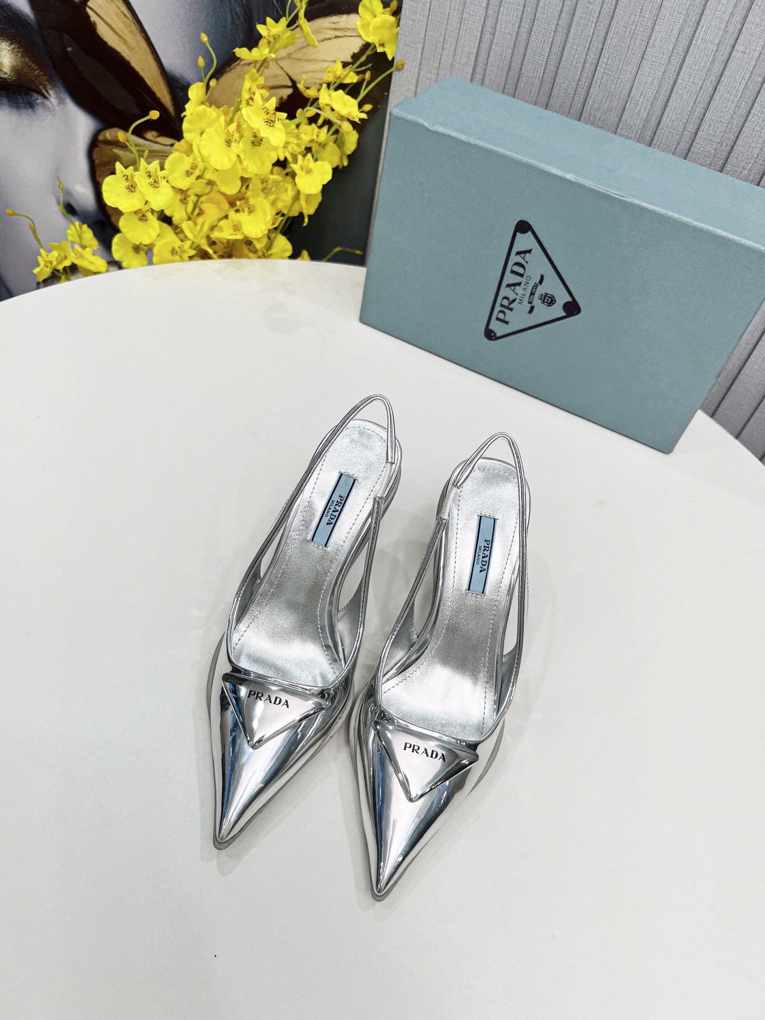 Prada Brushed Slingback Pumps Silver For Women Prada 1I565M_055_F0118_F_B090 - Soul Replicas