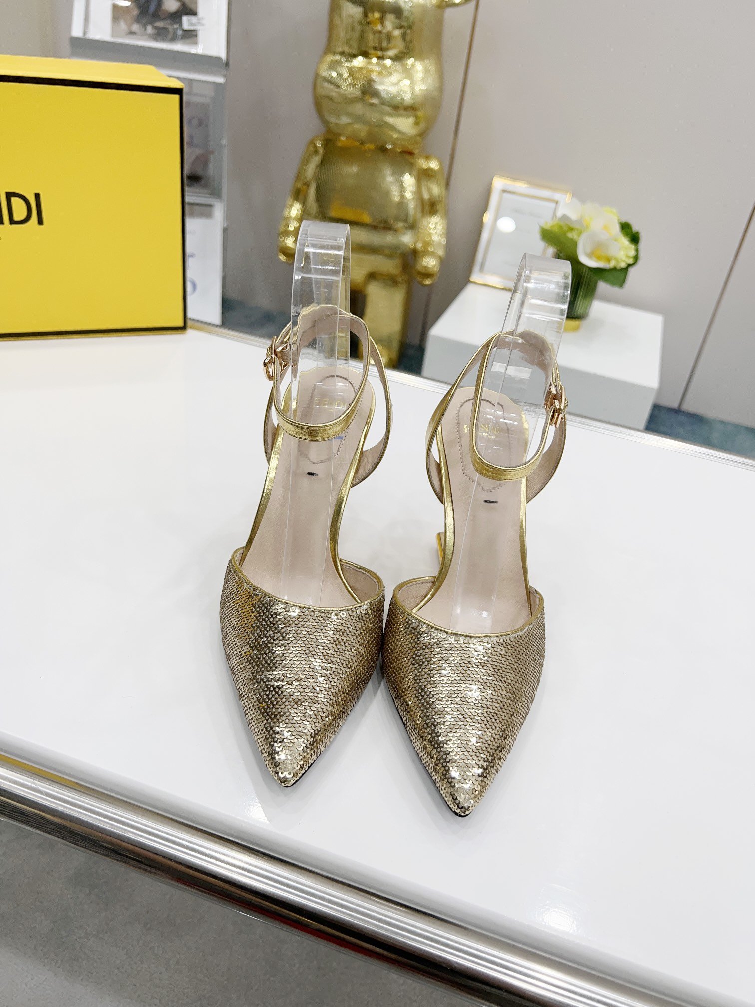 Fendi First Gold Glitter High-Heeled Slingbacks For Women - Soul Replicas