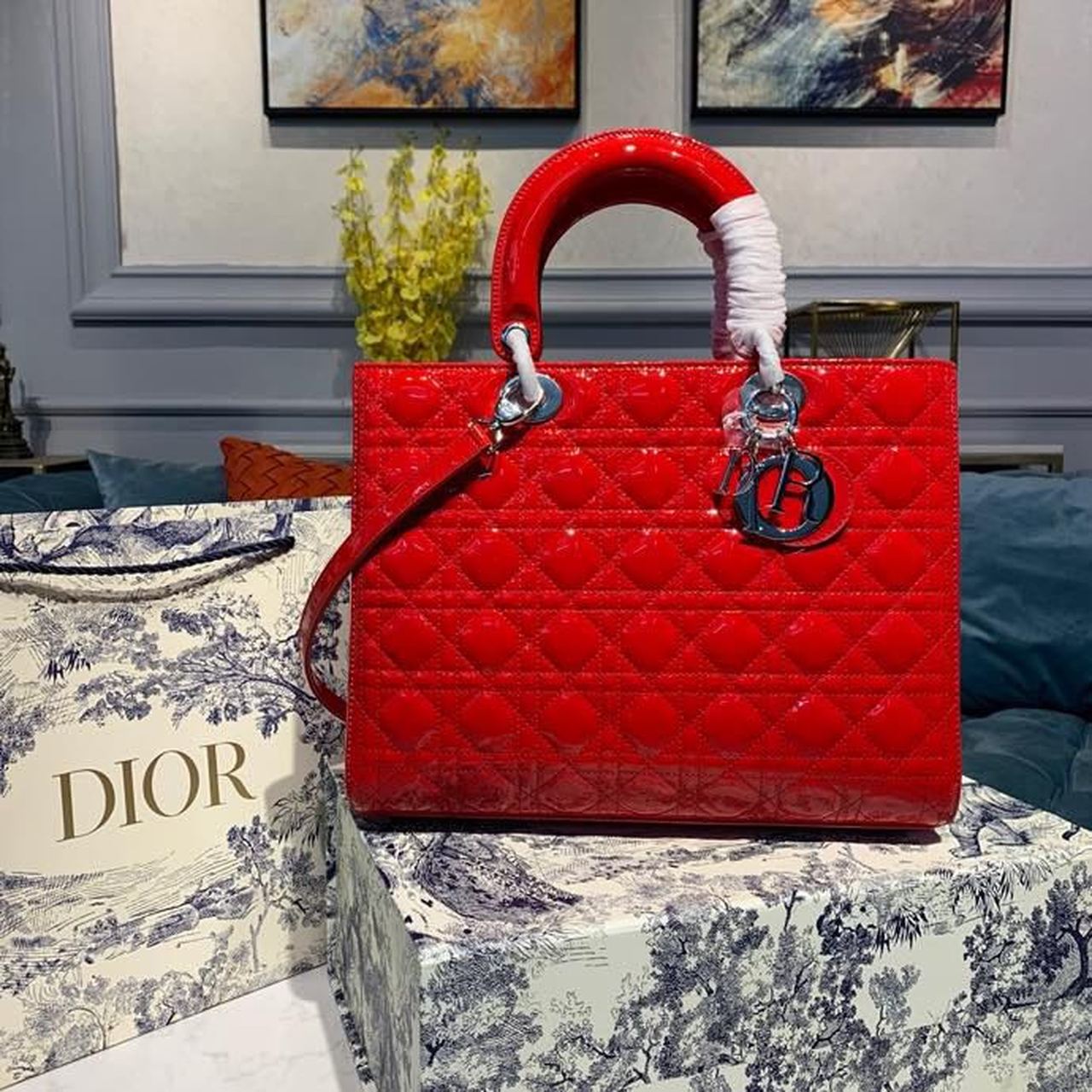 Christian Dior Large Lady Dior Bag Silver Hardware Red Patent For Women 12.5in/32cm CD - Soul Replicas