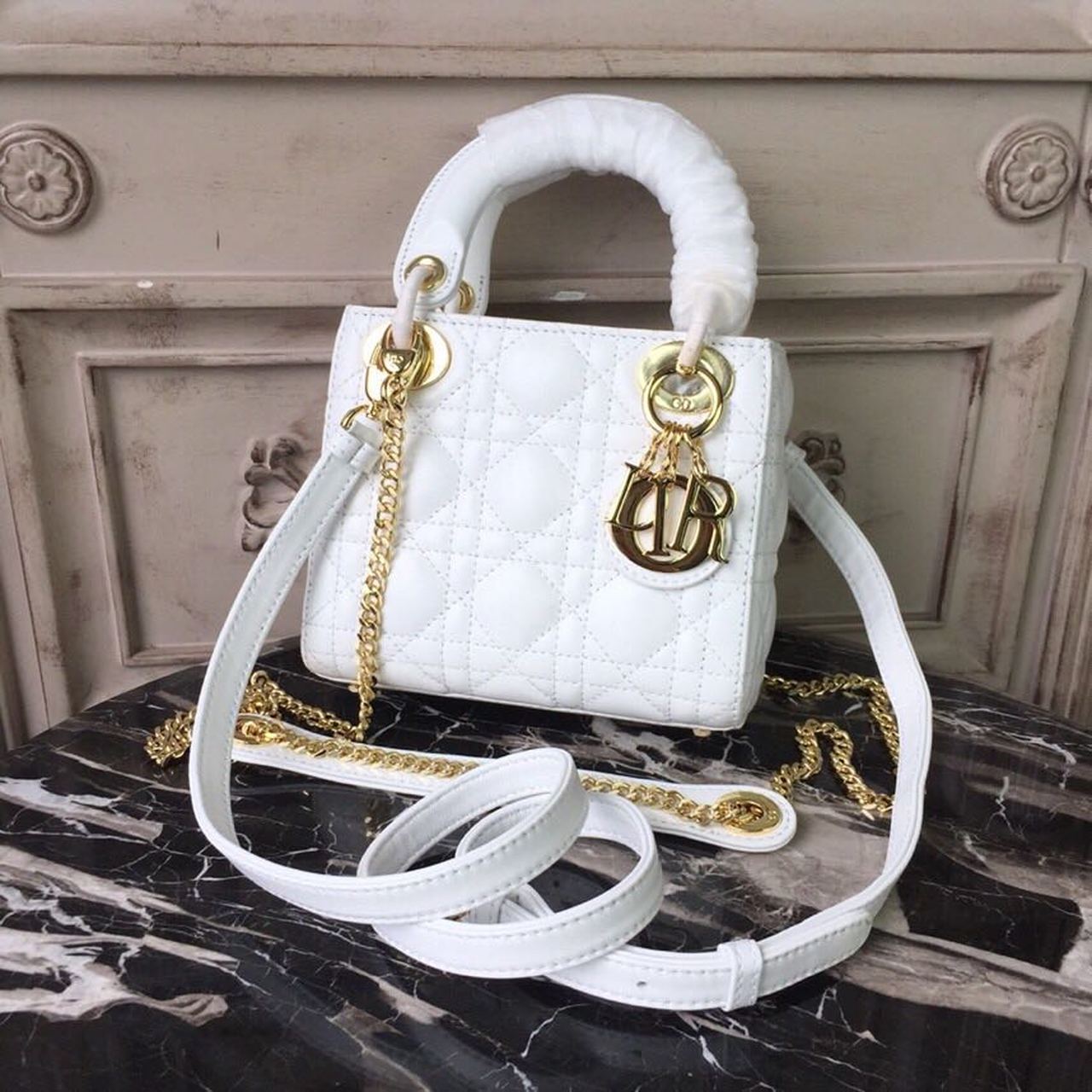 Christian Dior Mini Lady Dior Bag Gold Toned Hardware White For Women 18cm/7in CD - Soul Replicas