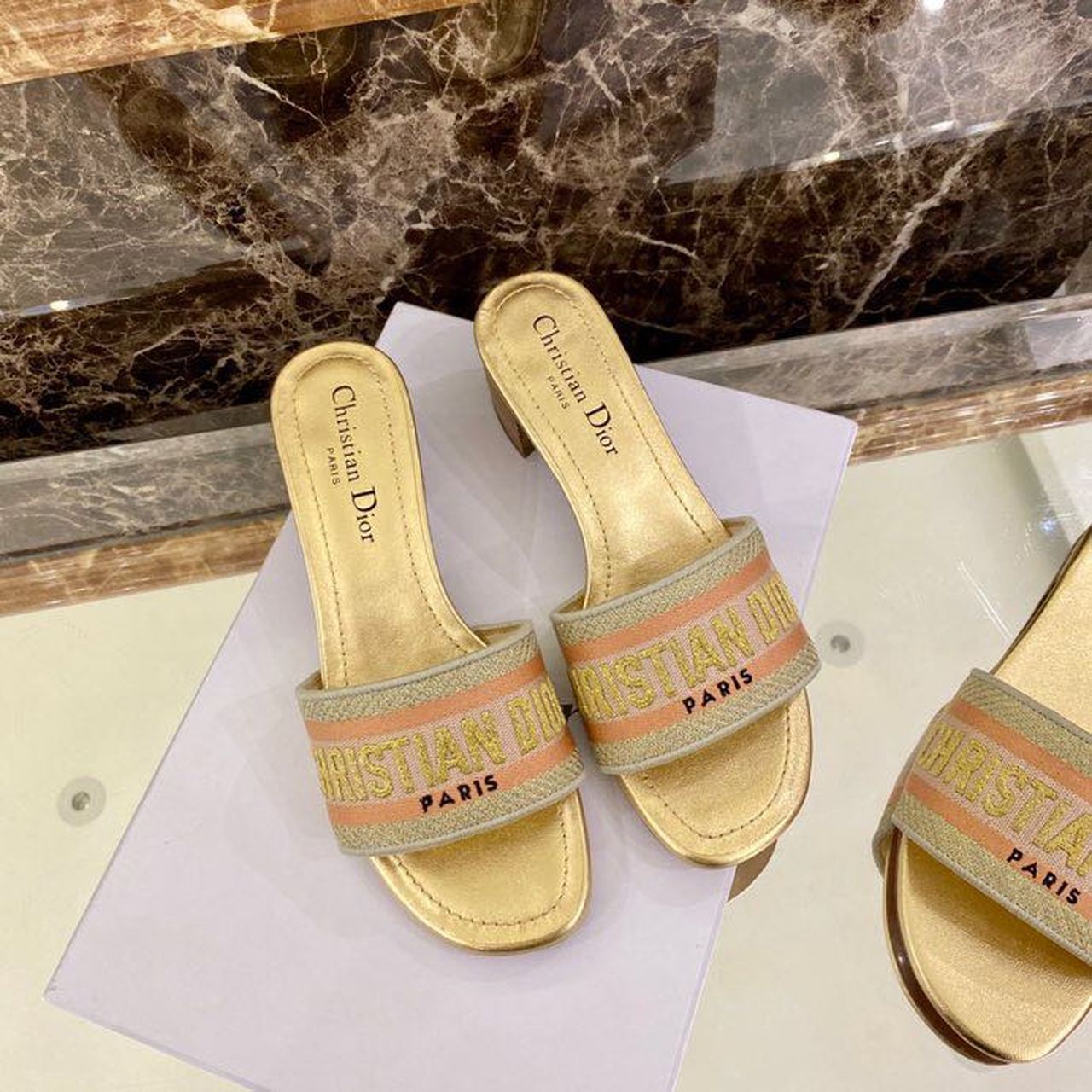 Christian Dior Dway Heeled Slide Gold-Tone Cotton Embroidered With Metallic Thread And Strass Gold For Women CD - Soul Replicas