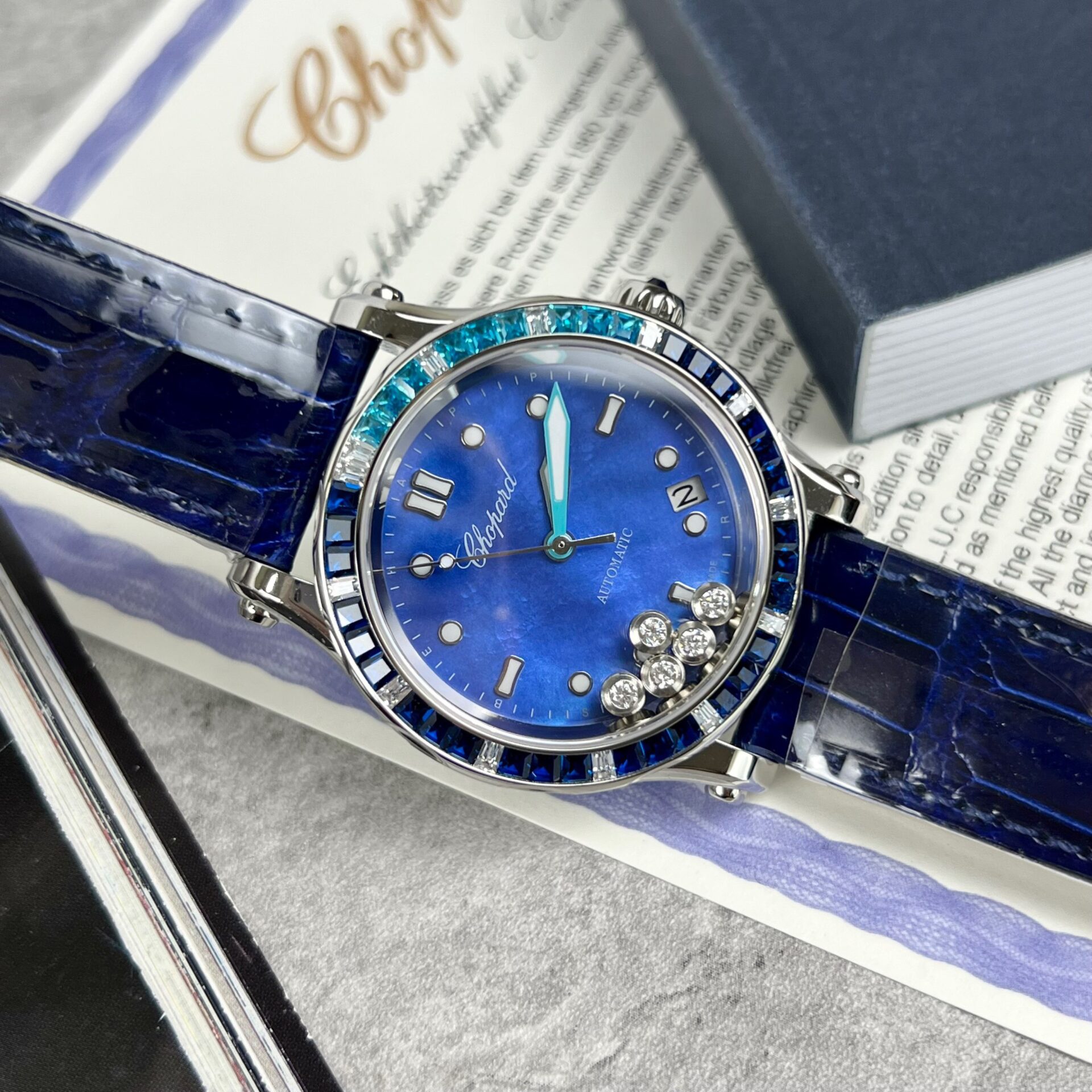 Chopard Happy Sport Replica 1:1 Watch Blue Dial Leather Strap 36mm - Soul Replicas