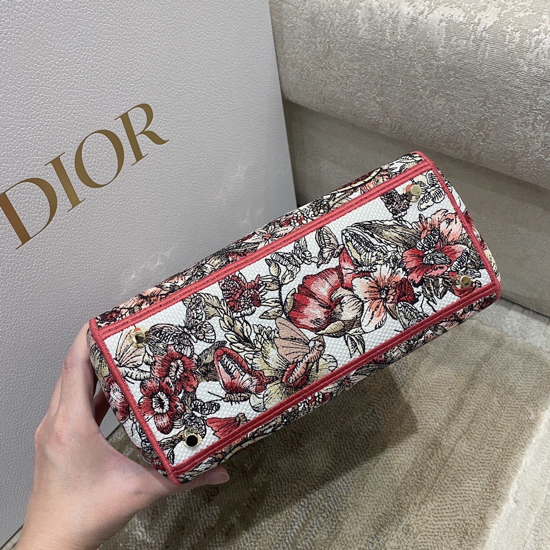Christian Dior Medium Lady D-Lite Bag Multicolor Butterfly Embroidery. Red/Latte. For Women Women-s Handbags. 24cm CD M0565ORHQ_M884 - Soul Replicas