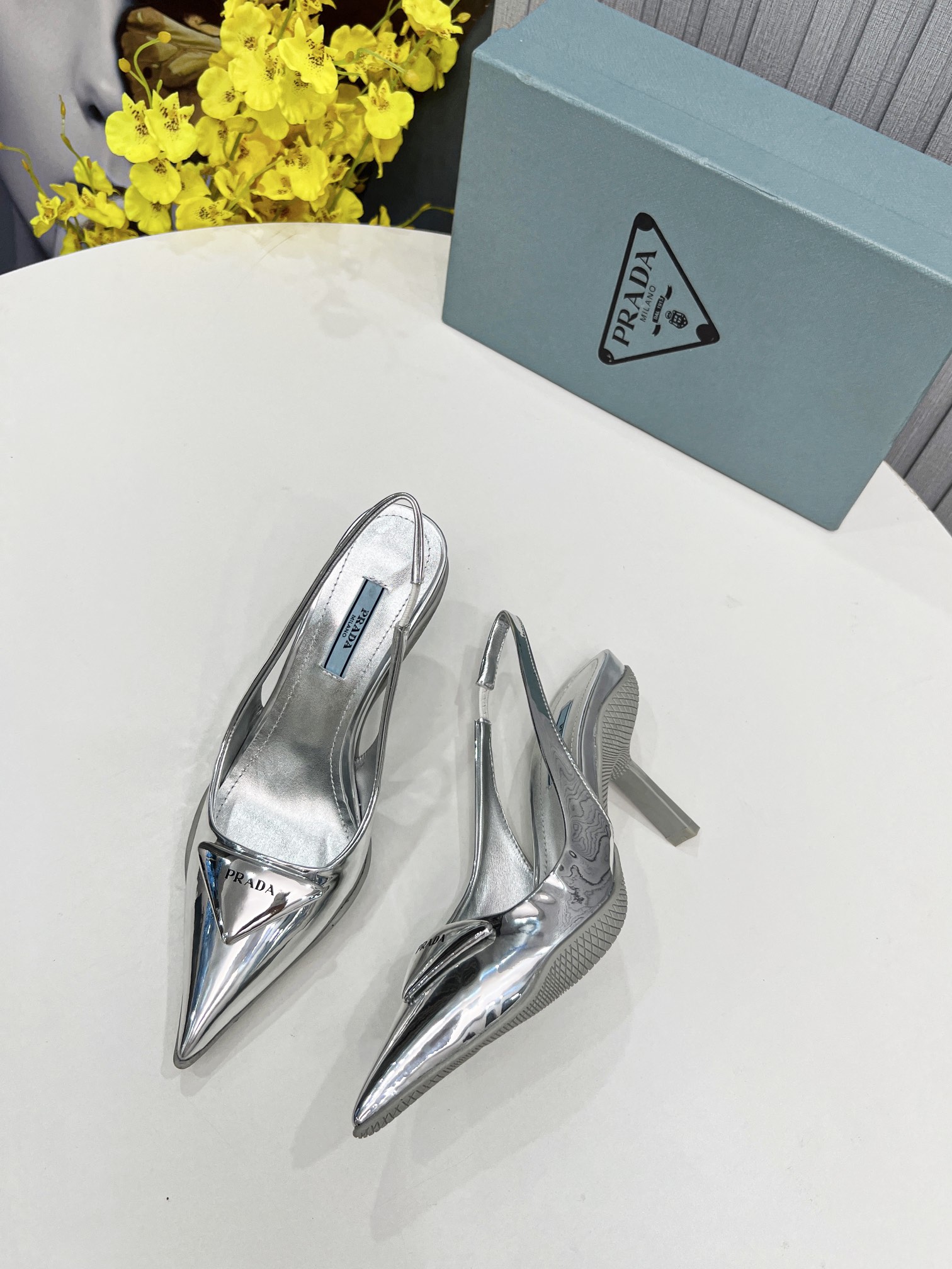 Prada Brushed Slingback Pumps Silver For Women Prada 1I565M_055_F0118_F_B090 - Soul Replicas