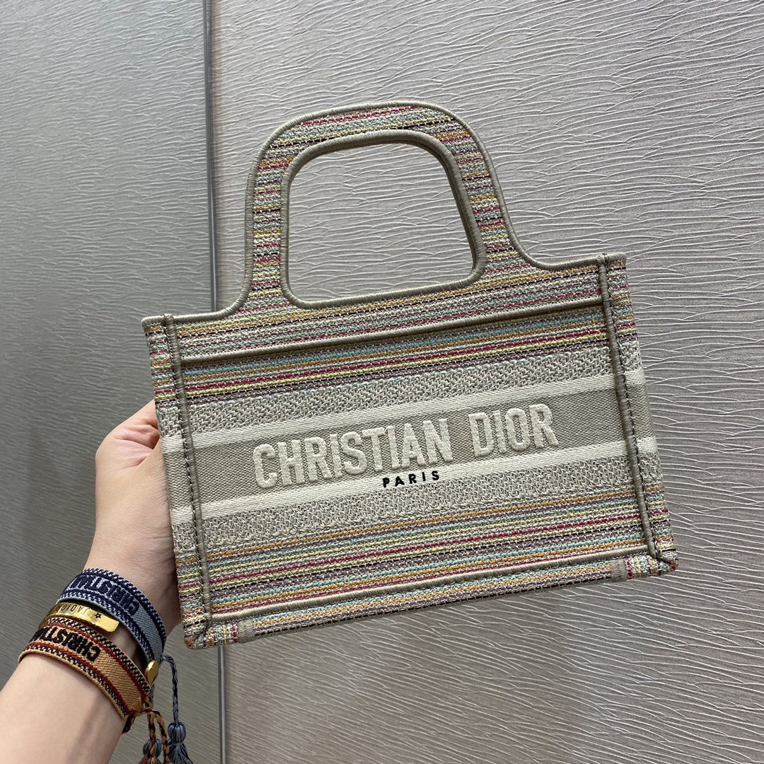 Christian Dior Small Dior Book Tote Bag Canvas Stripes Embroidery For Women 23cm/9in CD - Soul Replicas