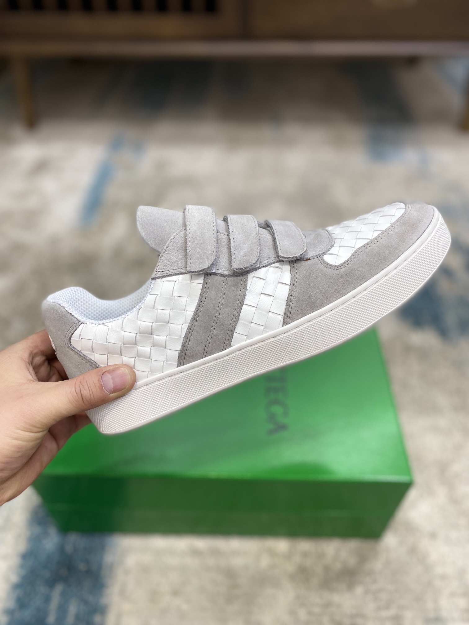 Bottega Veneta Men's Three Closure Straps With Wave Line Sneakers White And Gray For Men - Soul Replicas