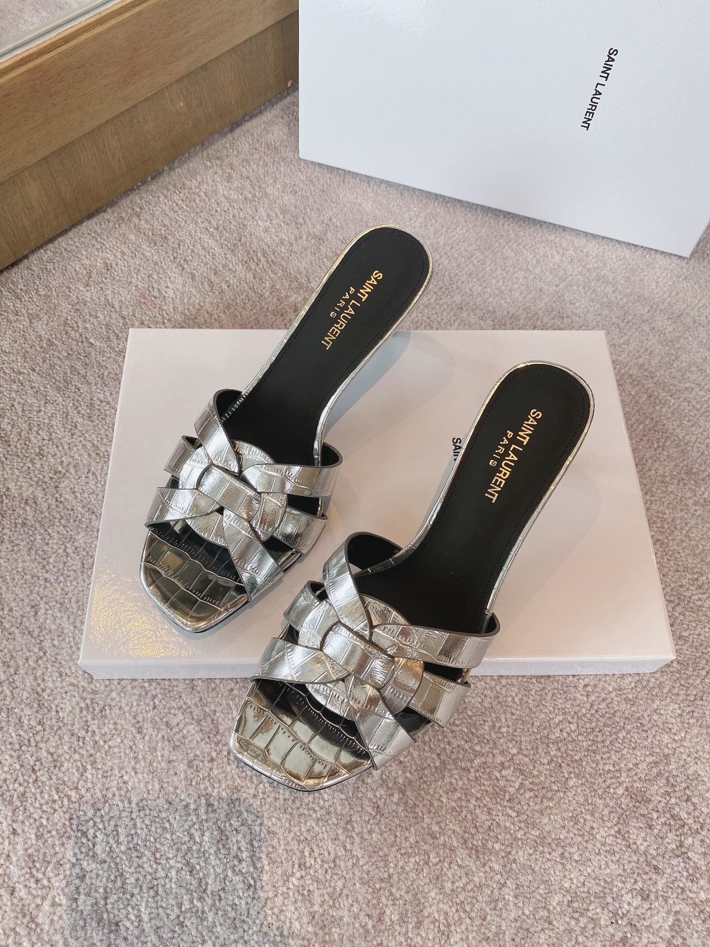 Yves Saint Laurent Women's Tribute Heeled Mules Sliver For Women YSL - Soul Replicas