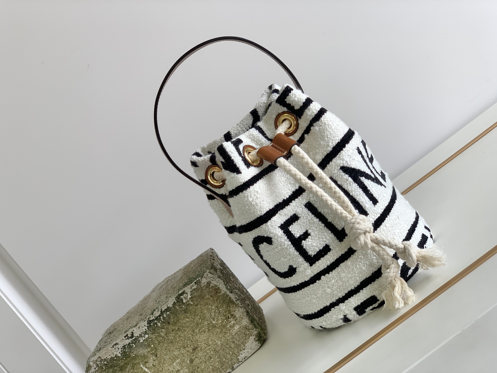 Celine Teen Drawstring In Textile With Celine All-Over White/Black For Women 7in/19cm - Soul Replicas