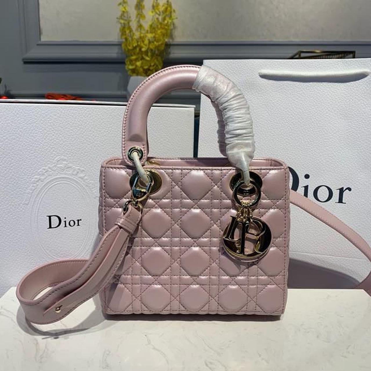 Christian Dior Small Lady Dior Bag Gold Toned Hardware Powder Pink Cannage Pink For Women 8in/20cm CD - Soul Replicas