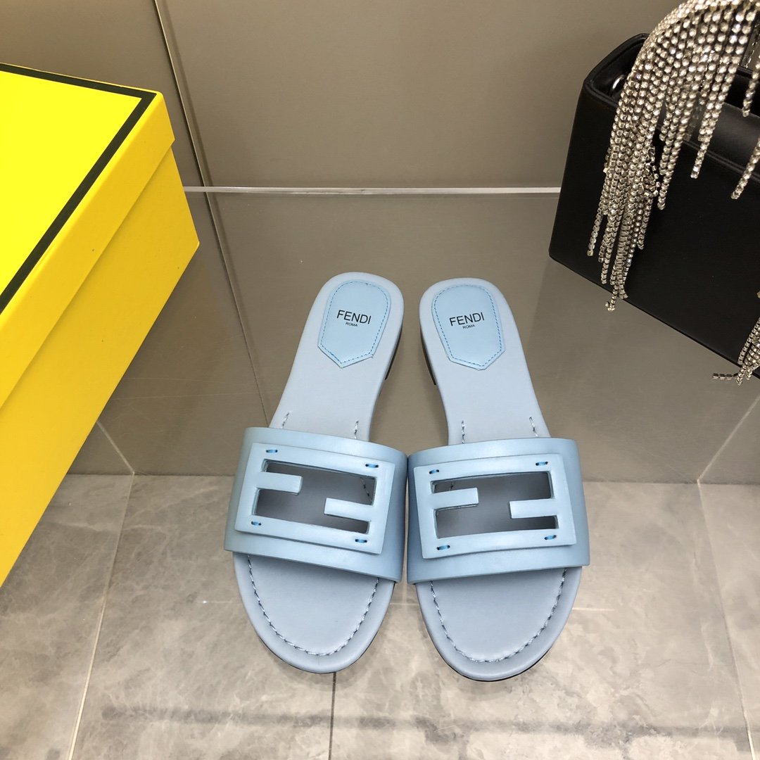 Fendi Signature Light Blue Slides For Women 8R8136AE7TF18TF - Soul Replicas