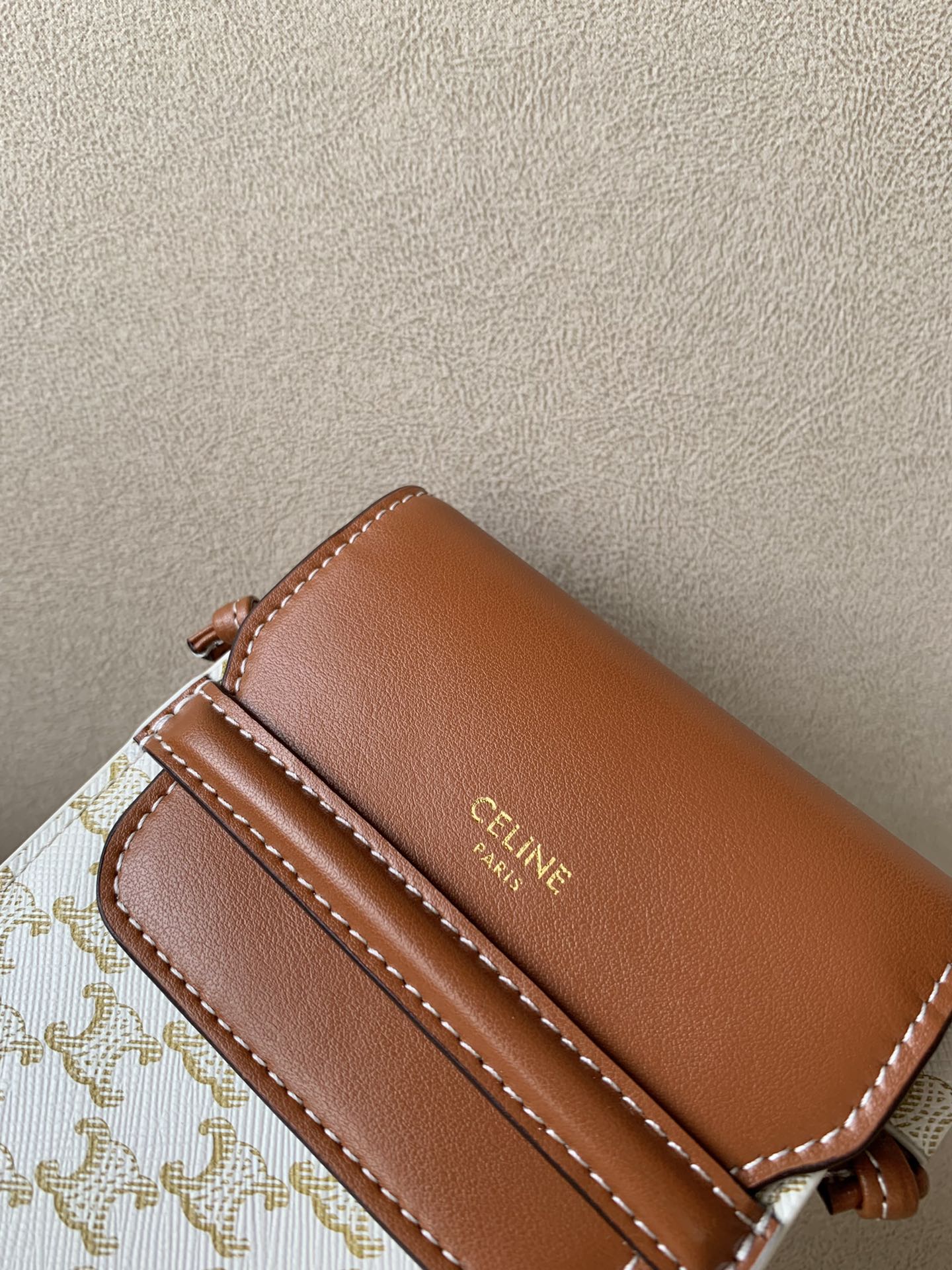 Celine Phone Pouch With Flap In Triomphe Canvas And Lambskin White/Tan For Women 7in/18cm 10G332CQD.01TA - Soul Replicas