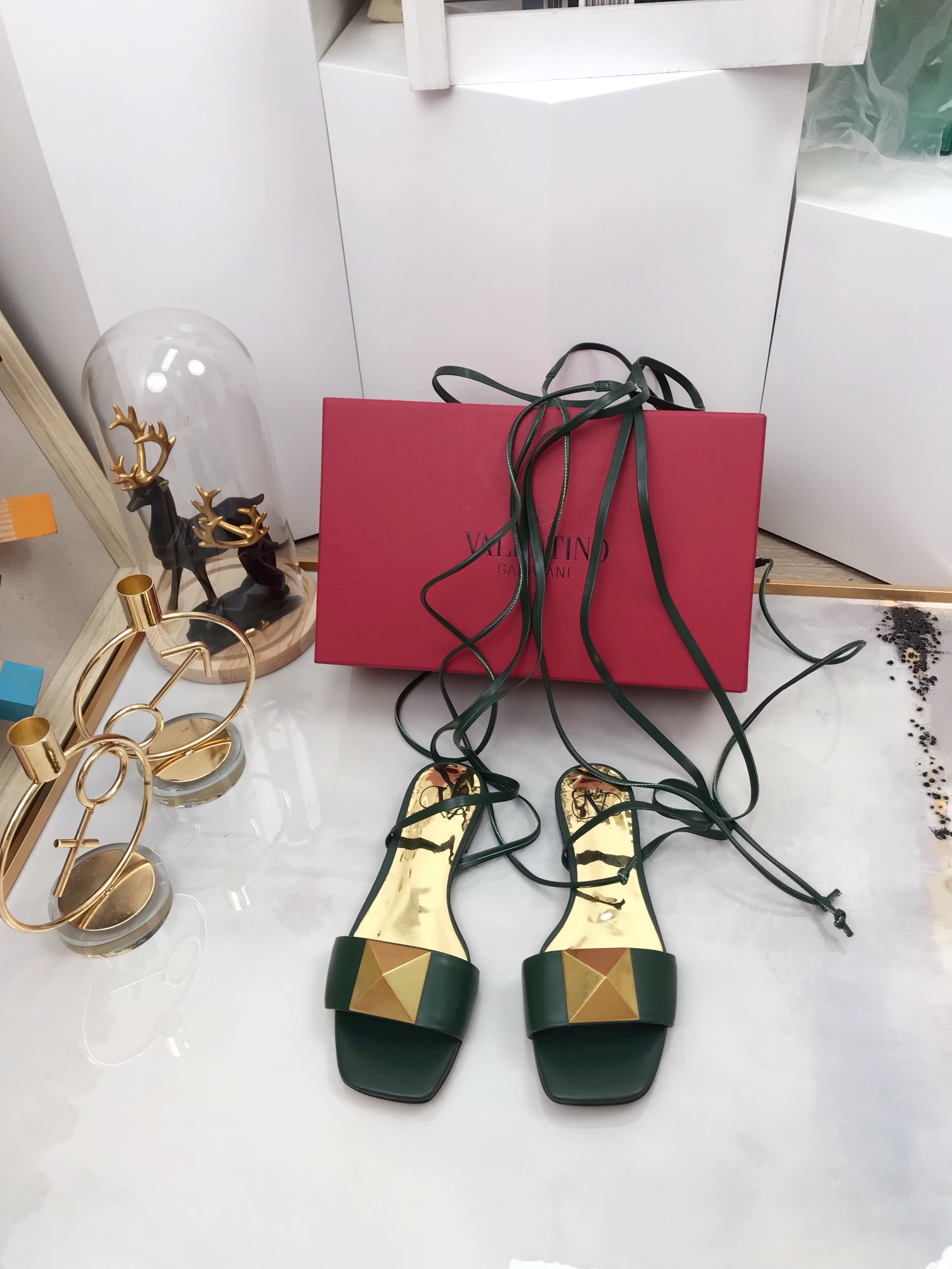 Valentino Garavani One Stud Gladiator Flat Sandals Dark Green For Women WS0EK9CYI - Soul Replicas