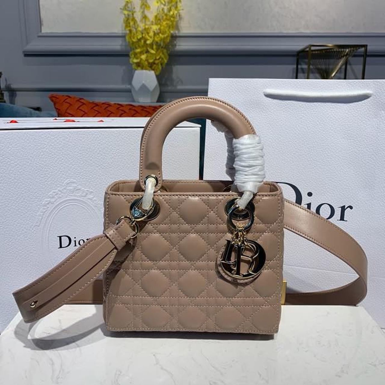 Christian Dior Small Lady Dior Bag Gold Toned Hardware Beige For Women 8in/20cm CD - Soul Replicas
