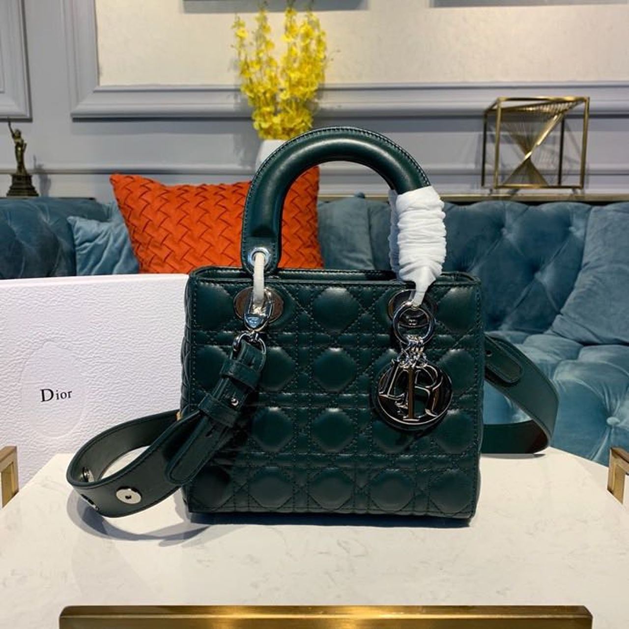 Christian Dior Small Lady Dior Bag Silver Hardware Forest Green For Women 8in/20cm CD - Soul Replicas