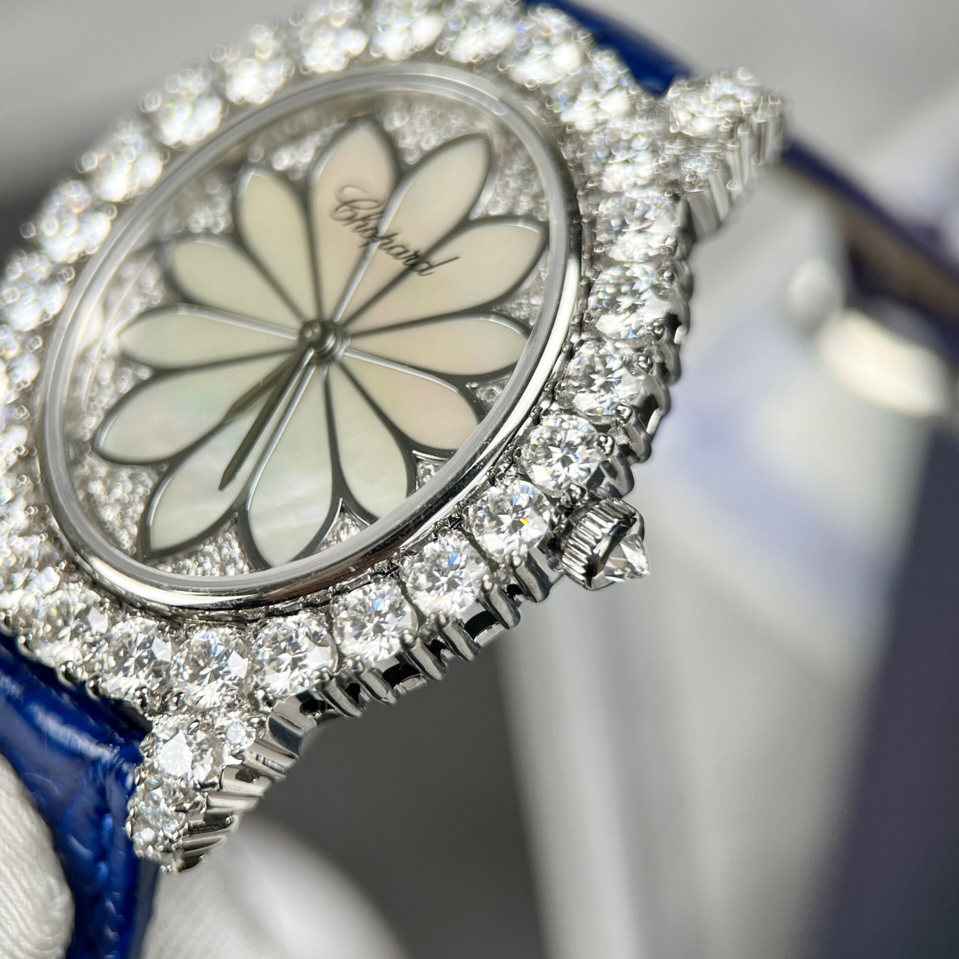 Chopard Women-s Replica Watch Full Diamond Moissanite Blue 34mm - Soul Replicas