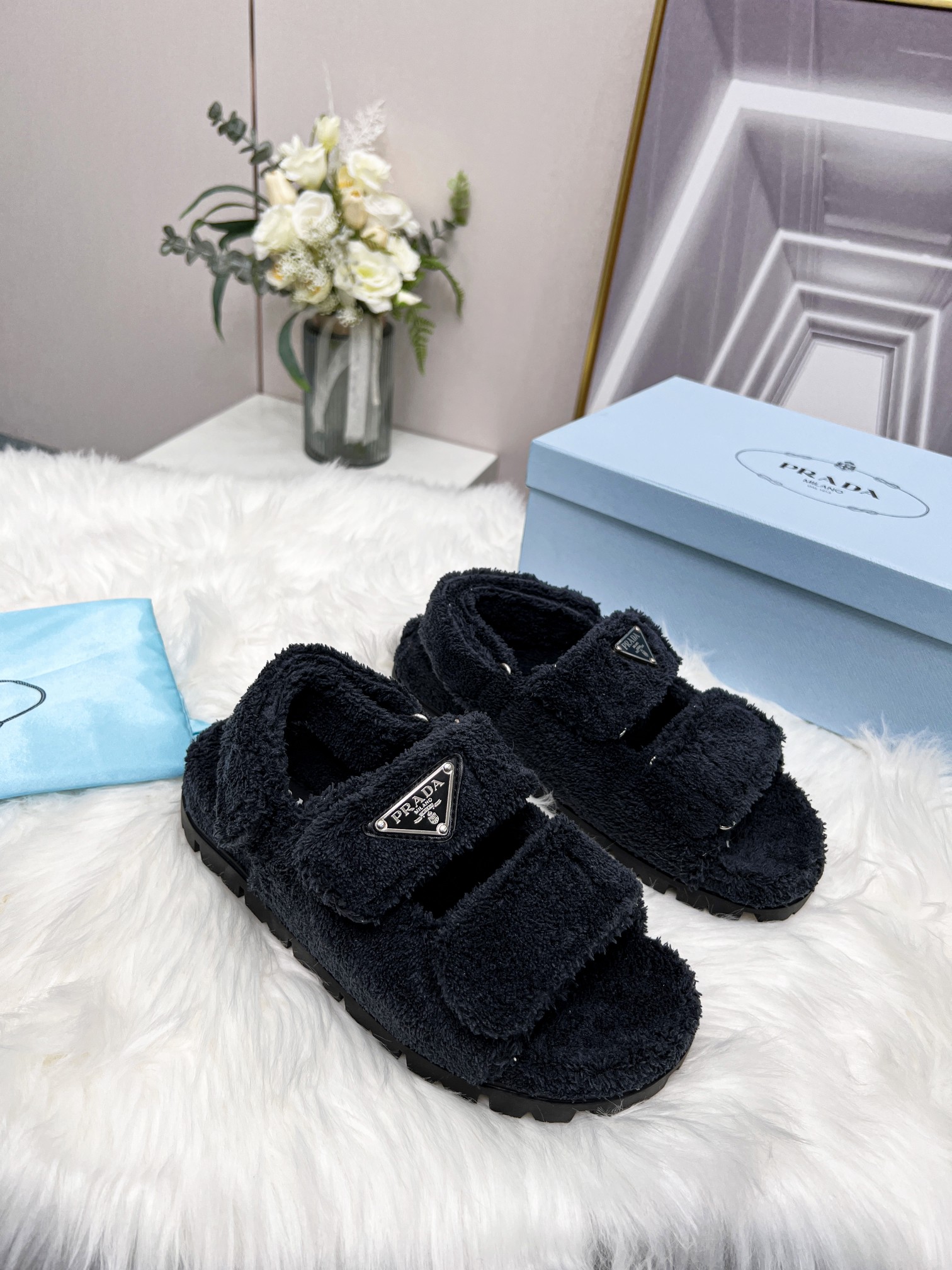 Prada Terrycloth Sandals Black For Women 0.8in/20mm Prada - Soul Replicas