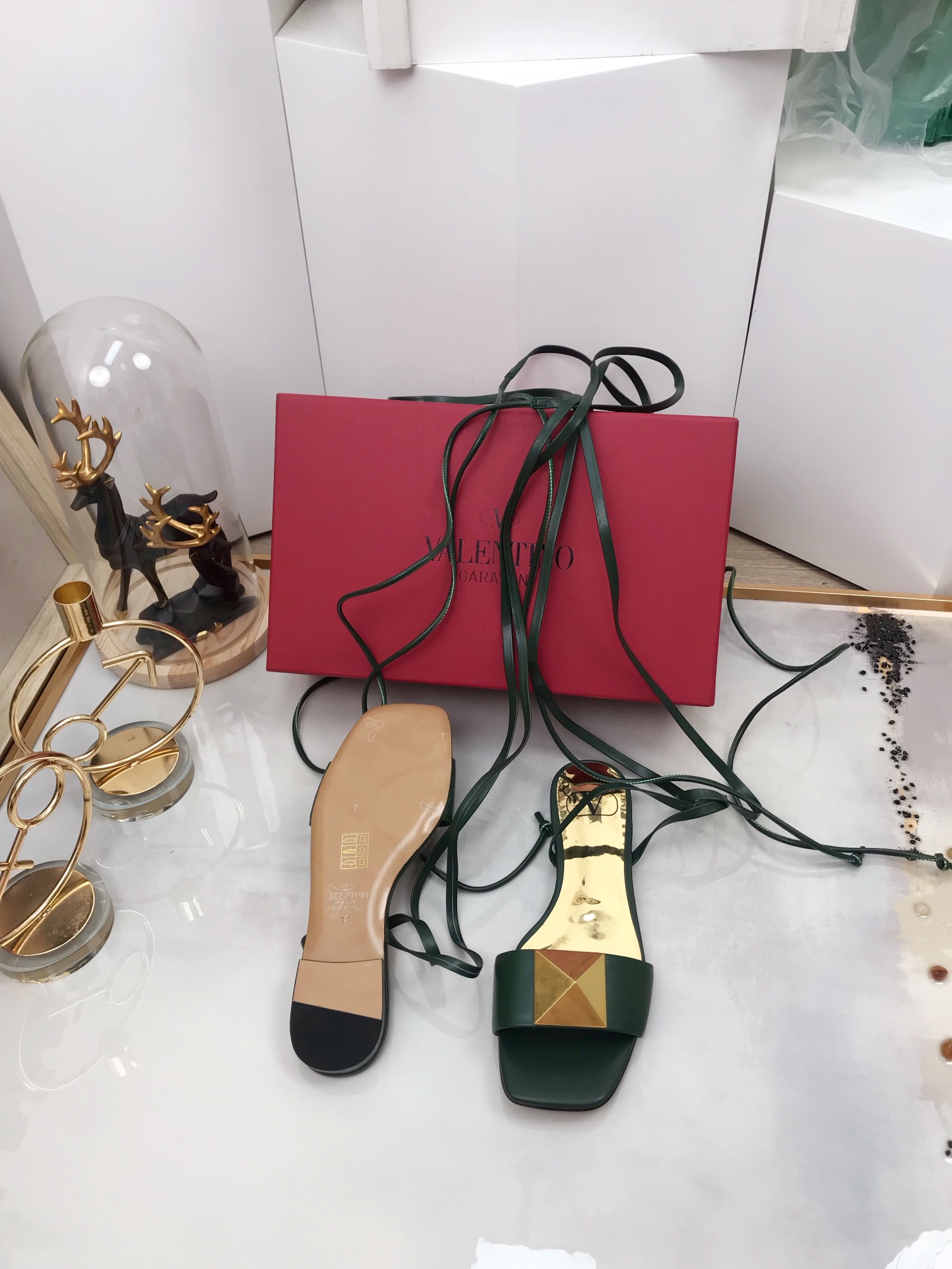 Valentino Garavani One Stud Gladiator Flat Sandals Dark Green For Women WS0EK9CYI - Soul Replicas