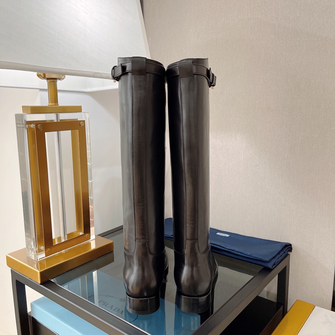 Prada 30 Logo-Embossed Knee Boots Black For Women Prada  - Soul Replicas