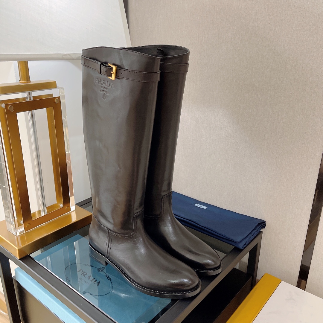 Prada 30 Logo-Embossed Knee Boots Black For Women Prada  - Soul Replicas