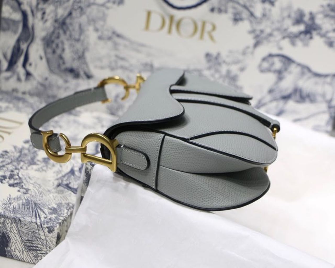 Christian Dior Saddle Bag Light Blue Grained Gold Toned Hardware Canvas For Women 19.5cm/7.6in CD - Soul Replicas