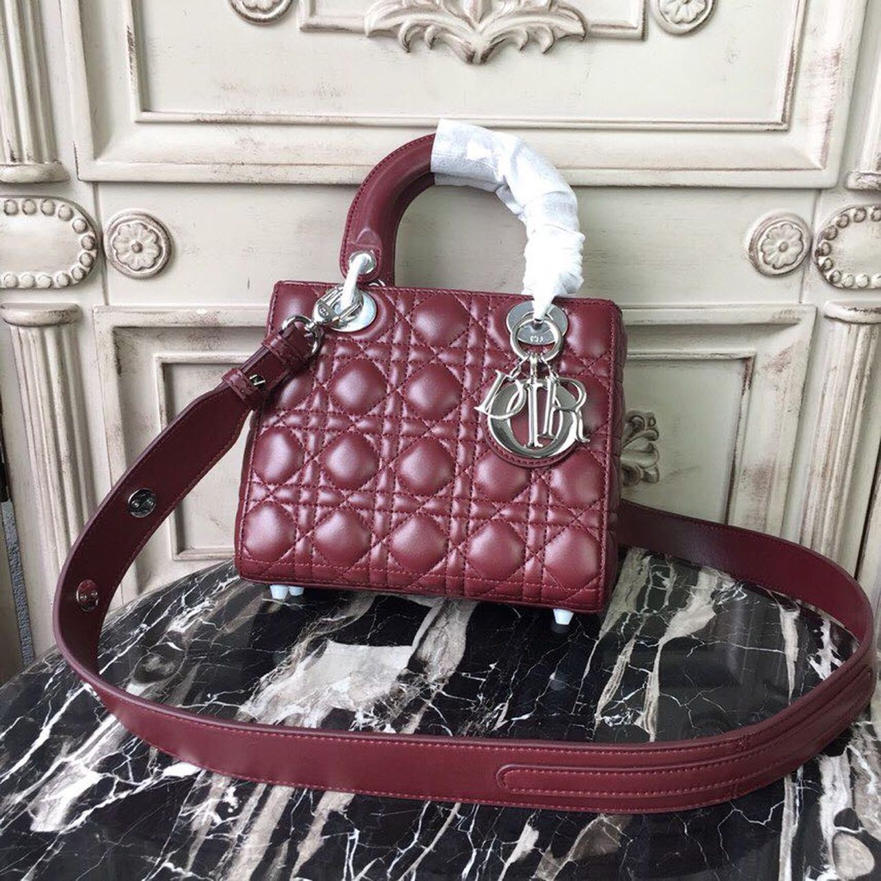Christian Dior Small Lady Dior Bag Silver Hardware Burgundy For Women 8in/20cm CD - Soul Replicas