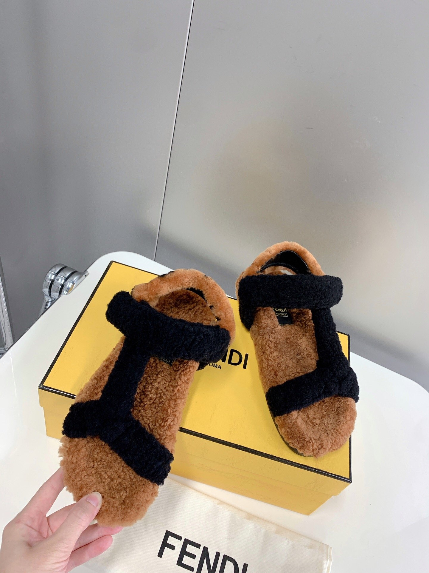 Fendi First Shearling Sandal Black For Women - Soul Replicas